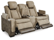 Ashley Furniture Next-Gen DuraPella Power Reclining Loveseat with Console, shown in an open reclining angle from the side.