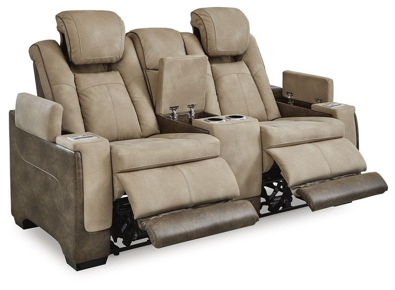 Ashley Furniture Next-Gen DuraPella Power Reclining Loveseat with Console, shown in an open reclining angle from the side.
