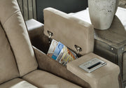 Ashley Furniture Next-Gen DuraPella power reclining loveseat with built-in console, featuring plush upholstery and storage armrests.