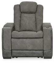 Ashley Furniture Next-Gen DuraPella Power Recliner with plush fabric upholstery and padded armrests, shown from the front.