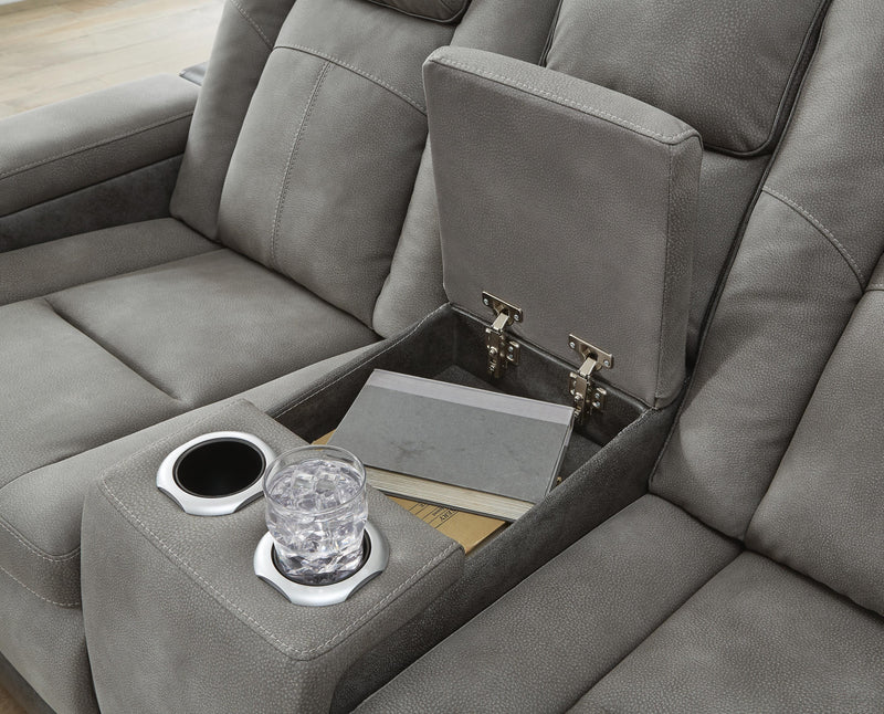 Ashley Furniture Next-Gen DuraPella power reclining loveseat with console, featuring plush cushions and built-in cup holders.