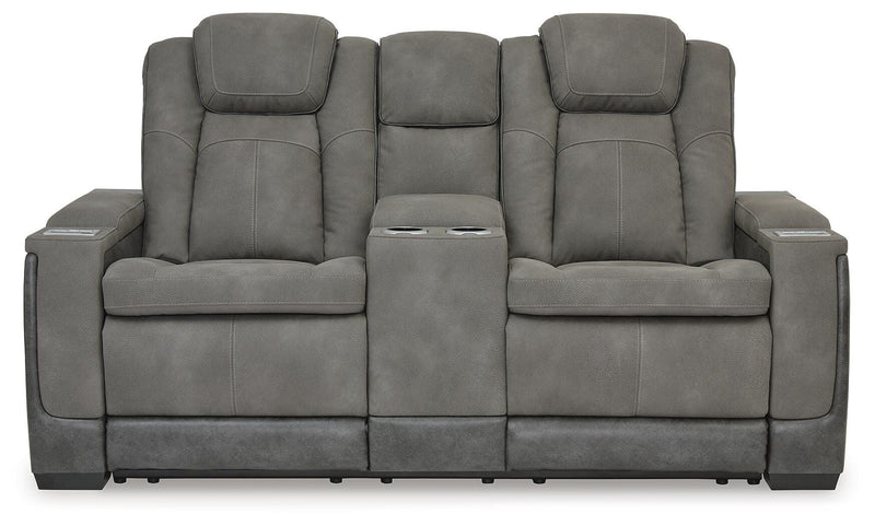 Ashley Furniture Next-Gen DuraPella power reclining loveseat with console, showcasing plush fabric, reclining seats, and built-in cup holders.