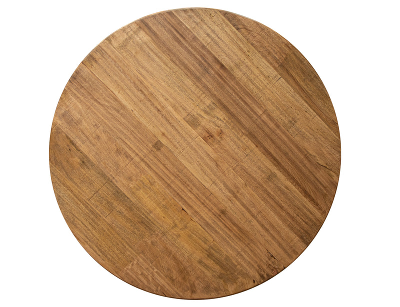 Round Tulum dining table by International Furniture Direct with a rustic wood finish, ideal for modern farmhouse dining rooms.
