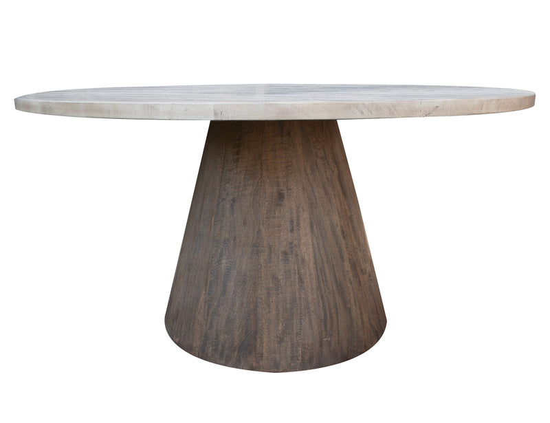 Round Sahara dining table by International Furniture Direct with a wooden surface and sturdy legs, ideal for kitchen or dining room.