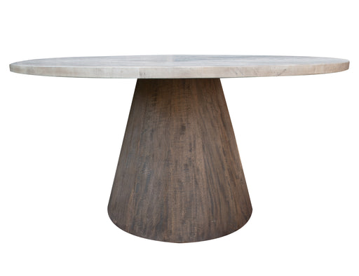 Round Sahara dining table by International Furniture Direct with a wooden surface and sturdy legs, ideal for kitchen or dining room.
