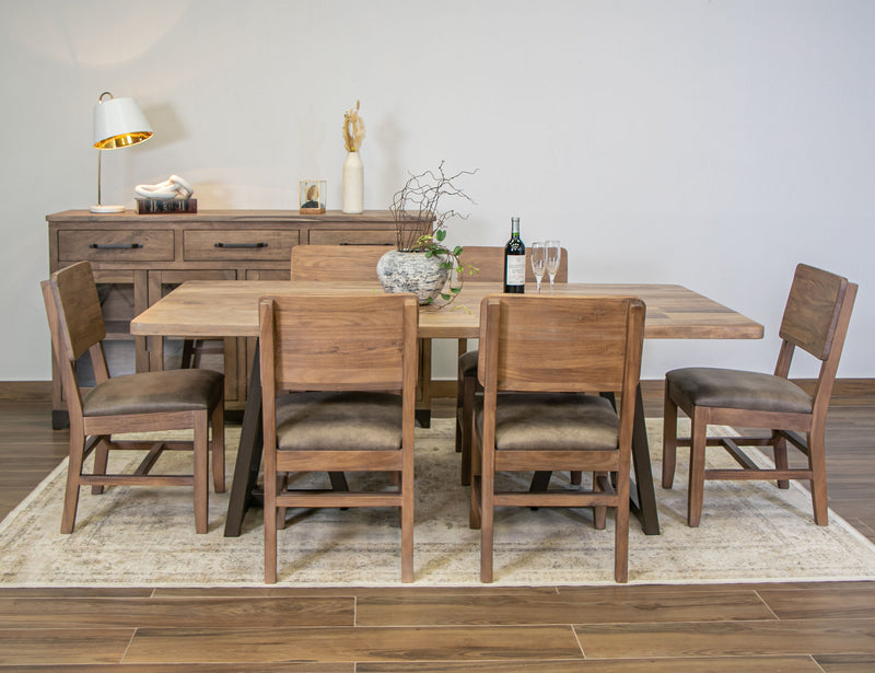 Natural Parota dining table from International Furniture Direct showing a rustic wooden tabletop and sturdy legs.