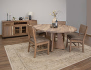 Natural Parota round dining table by International Furniture Direct with a smooth wooden surface and sturdy legs.