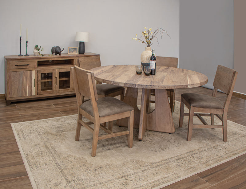 Natural Parota round dining table by International Furniture Direct with a smooth wooden surface and sturdy legs.