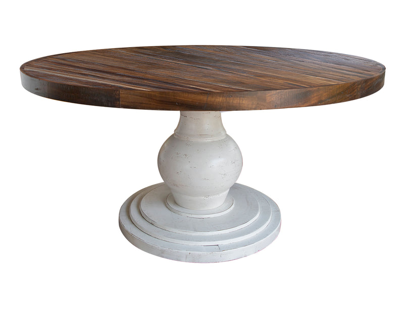 Round dining table from International Furniture Direct featuring a rustic wood finish and sturdy construction.
