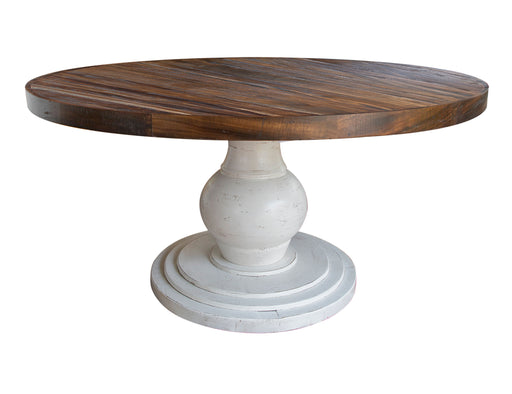 Round dining table from International Furniture Direct featuring a rustic wood finish and sturdy construction.