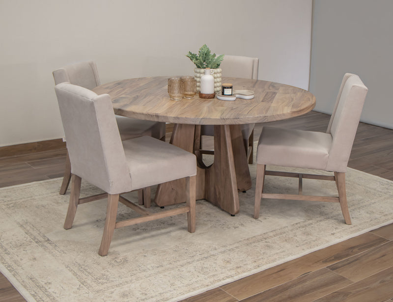 Natural Parota round dining table by International Furniture Direct, showcasing polished wood surface and sturdy legs.