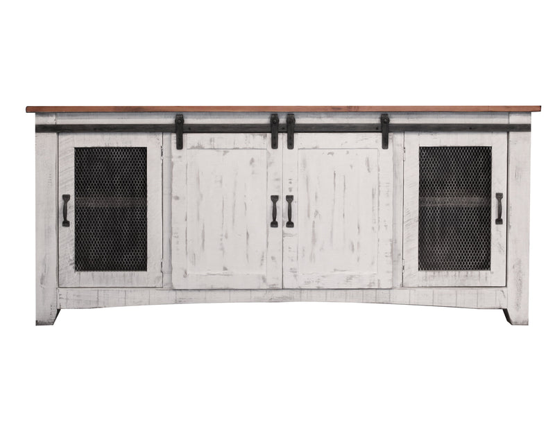 Pueblo white wall-unit entertainment center by International Furniture Direct with open shelves and storage cabinets.