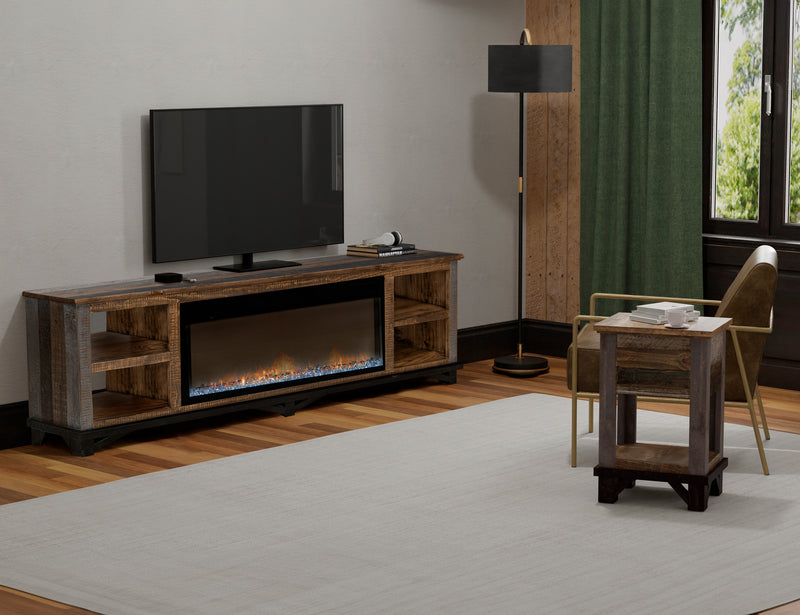 Loft Brown Electric Fireplace by International Furniture Direct showing a stylish wooden fireplace with a glowing electric fire insert.