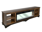 Loft brown electric fireplace by International Furniture Direct, featuring a modern design with a realistic flame effect and wood mantel.