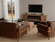 Natural Parota wood electric fireplace by International Furniture Direct with a sleek, modern design and realistic flame effect.