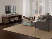 International Furniture Direct Olimpia electric fireplace with realistic flame display and modern wood mantel.