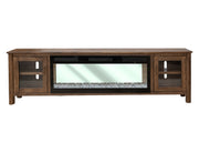 Modern Olimpia Electric Fireplace by International Furniture Direct with realistic flame display and sleek wood mantel design.