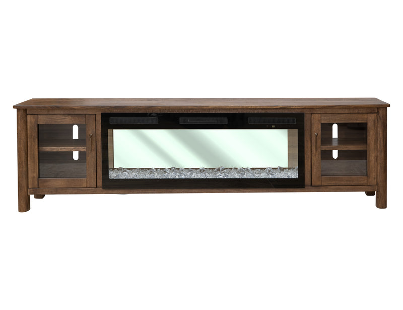 Modern Olimpia Electric Fireplace by International Furniture Direct with realistic flame display and sleek wood mantel design.