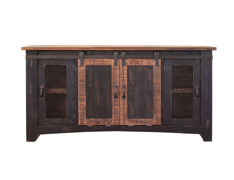 Modern Pueblo Black Wall Unit entertainment center from International Furniture Direct with open shelves and storage cabinets.