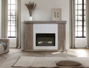 Natural Parota electric fireplace console sofa table by International Furniture Direct, featuring a warm wood finish and built-in electric fireplace.