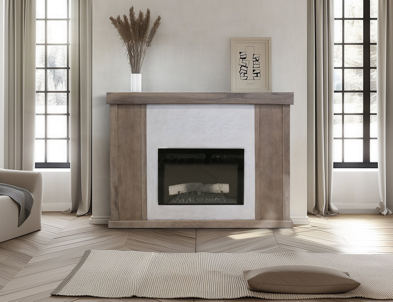 Natural Parota electric fireplace console sofa table by International Furniture Direct, featuring a warm wood finish and built-in electric fireplace.
