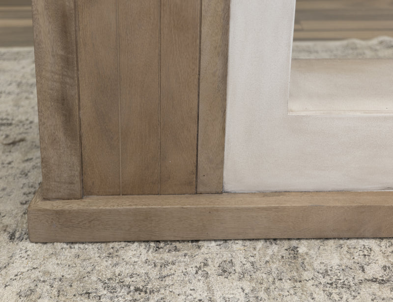 Natural Parota electric fireplace console sofa table by International Furniture Direct with a warm wood finish and built-in fireplace.