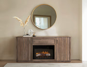 Modern Mezquite electric fireplace by International Furniture Direct with realistic flame effects and a sleek wooden mantel.