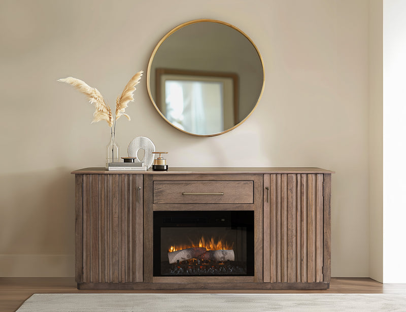 Modern Mezquite electric fireplace by International Furniture Direct with realistic flame effects and a sleek wooden mantel.