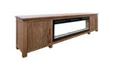 Natural Parota wood electric fireplace by International Furniture Direct, with a modern design and built-in flame effect.