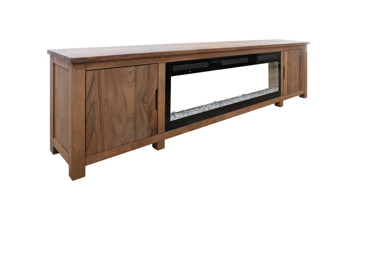 Natural Parota wood electric fireplace by International Furniture Direct, with a modern design and built-in flame effect.