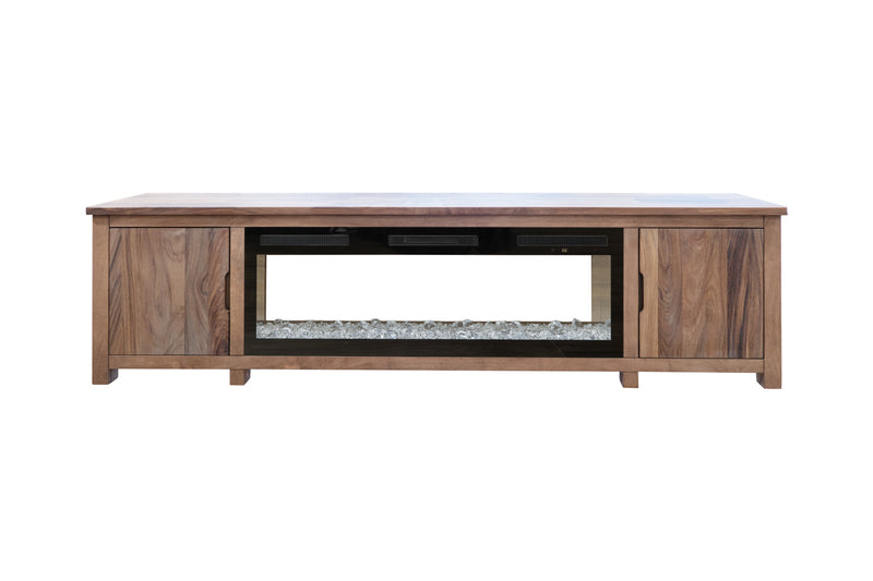 Natural Parota wood electric fireplace by International Furniture Direct, 93-inch modern fireplace with realistic flame display.