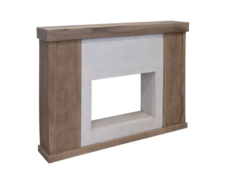 Natural Parota electric fireplace console sofa table by International Furniture Direct with a warm wood finish and built-in fireplace.