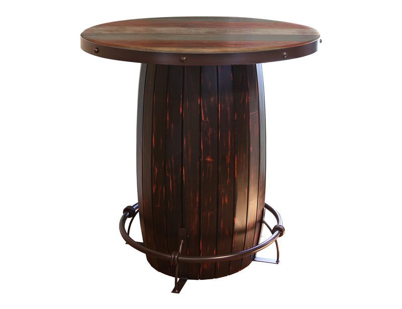 Antique bistro dining table with barrel design by International Furniture Direct, showcasing a rustic wood finish and round tabletop.