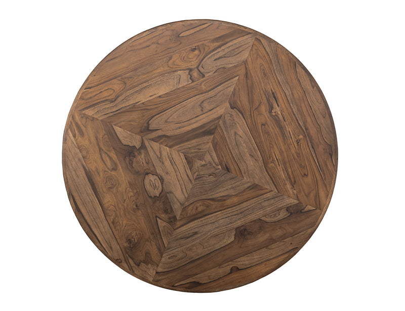 Balam round dining table by International Furniture Direct, showcasing wooden surface and sturdy legs in a well-lit dining room setting.