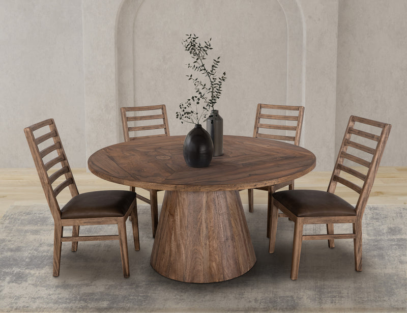Balam round dining table by International Furniture Direct, showcasing a wooden surface and sturdy table legs.