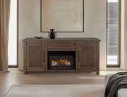 Novus Lodge 70-inch electric fireplace by International Furniture Direct with realistic flame display and wood mantel design.