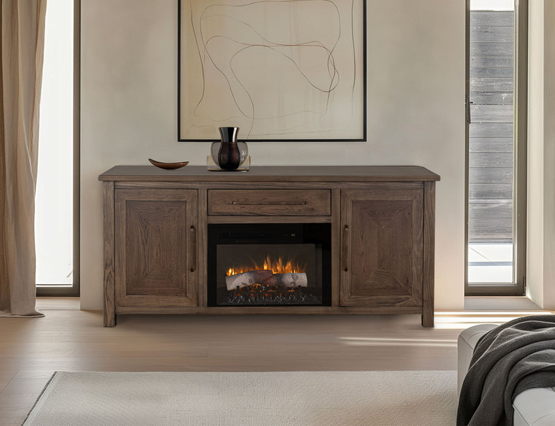 Novus Lodge 70-inch electric fireplace by International Furniture Direct with realistic flame display and wood mantel design.