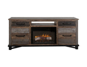 Loft Brown 70-inch fireplace by International Furniture Direct showing a rustic wooden mantel and modern fire insert.