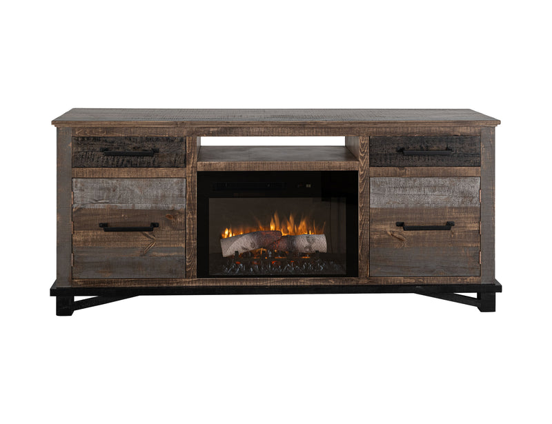 Loft Brown 70-inch fireplace by International Furniture Direct showing a rustic wooden mantel and modern fire insert.