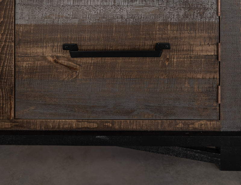 Loft Brown 70-inch fireplace by International Furniture Direct with a rustic wooden mantel and stone surround.