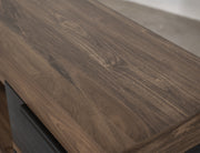International Furniture Direct 70-inch Tuxedo fireplace with a modern, sleek design and detailed wood finish.