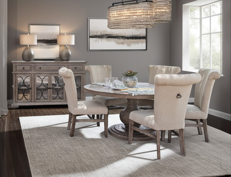 International Furniture Direct Bonanza round dining table with wood finish, showcasing a sturdy design and smooth tabletop surface.