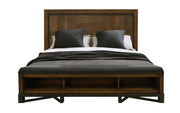 Walnut queen bed from International Furniture Direct with a sturdy wooden frame and classic design, displayed in a bedroom setting.