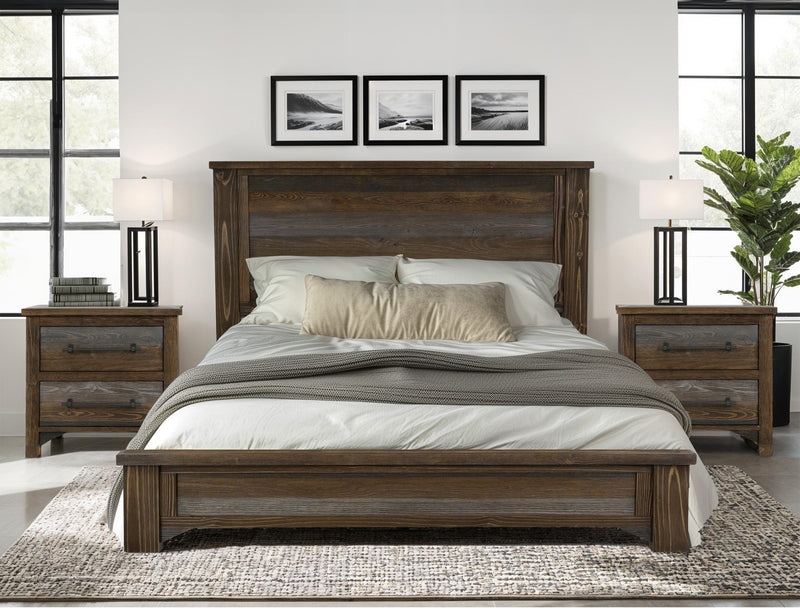 Queen bed from International Furniture Direct with a classic wooden frame and a comfortable, upholstered headboard.