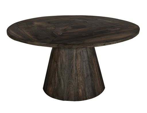 Black Balam round dining table by International Furniture Direct, showing its smooth wooden surface and sturdy legs.