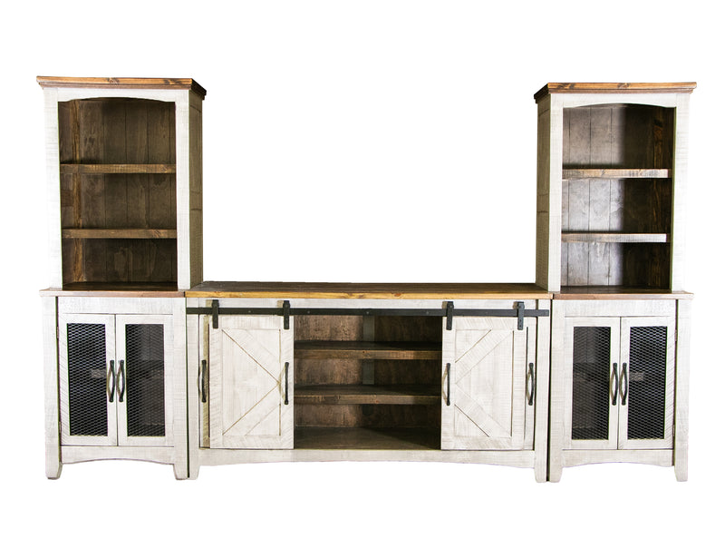 International Furniture Direct Pueblo White Wall-Unit entertainment center with open shelving and closed cabinets for modern living rooms.