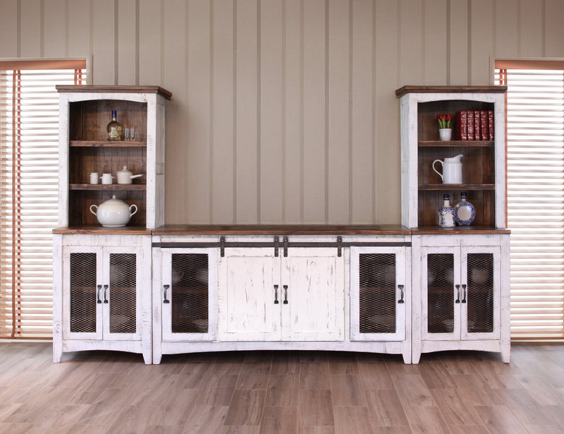 International Furniture Direct Pueblo White Wall-Unit entertainment center with open shelves and closed cabinets for modern living room.
