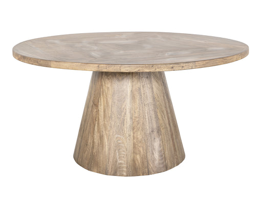 White Balam round dining table by International Furniture Direct, showcasing smooth wooden surface and sturdy legs.