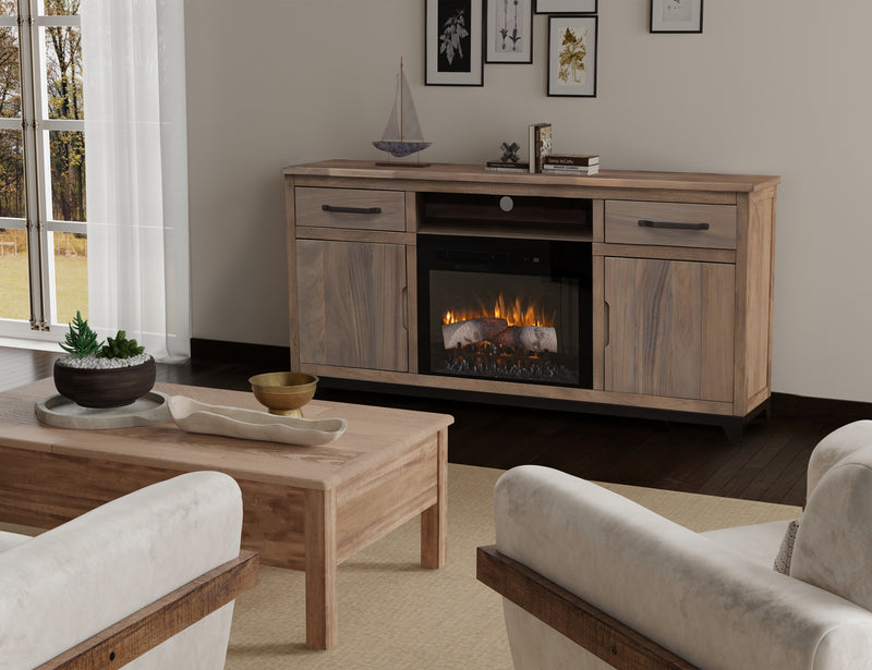 Natural Parota 70-inch electric fireplace from International Furniture Direct with a sleek wood finish and modern design.