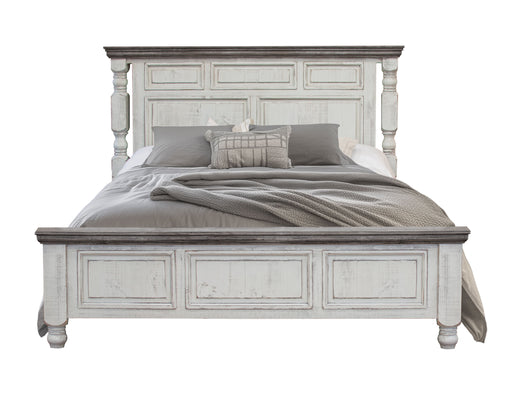 Stone King Bed by International Furniture Direct, showing a rustic wooden bed frame with a sturdy headboard and footboard.